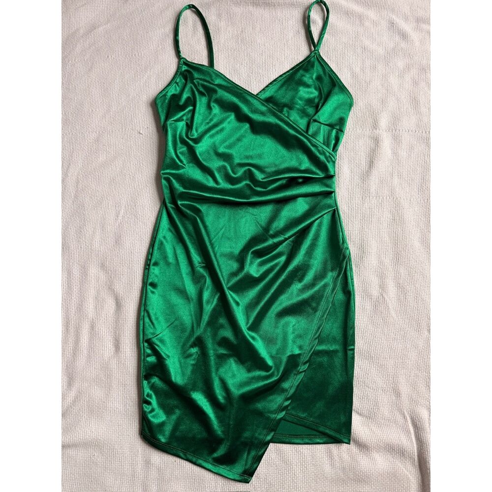 IRIS Green Satin Slip Dress with Asymmetrical hem